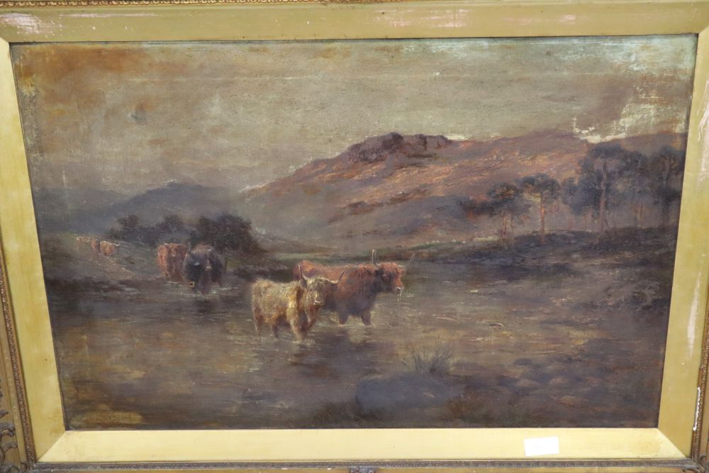 Ernest Walbourn (1872-1927), oil on canvas, Highland cattle watering, signed, 60 x 90cm